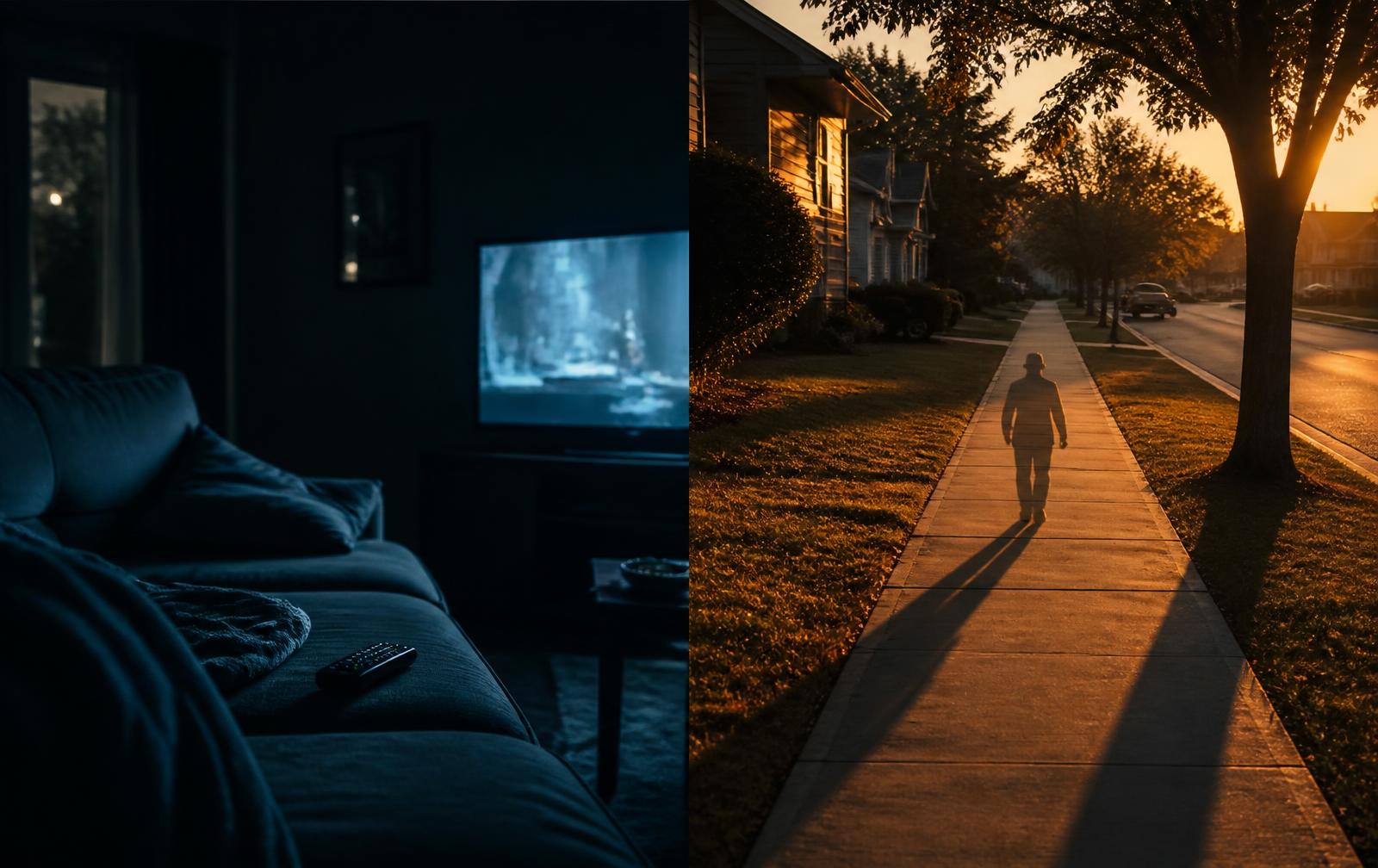 Left: a dim living room with a couch and a paused TV. Right: a golden-hour sidewalk with a walker's long shadow.